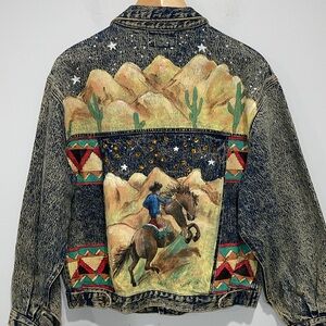 Exclusive Hand-painted Western Cowboy denim jacket size Large vintage 1990s